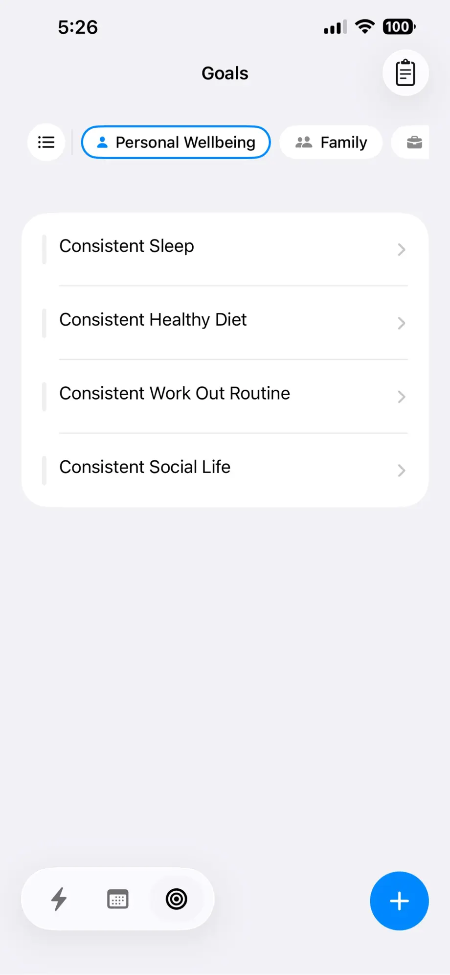 Fezer goal planner with goals organized under a Personal Wellbeing front