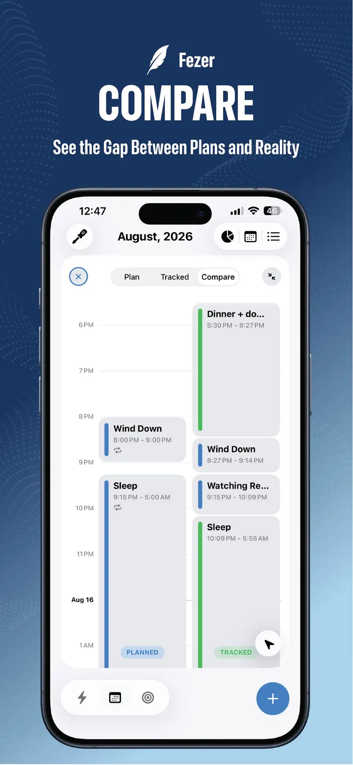A Fezer day as time blocks, with planned and tracked side by side