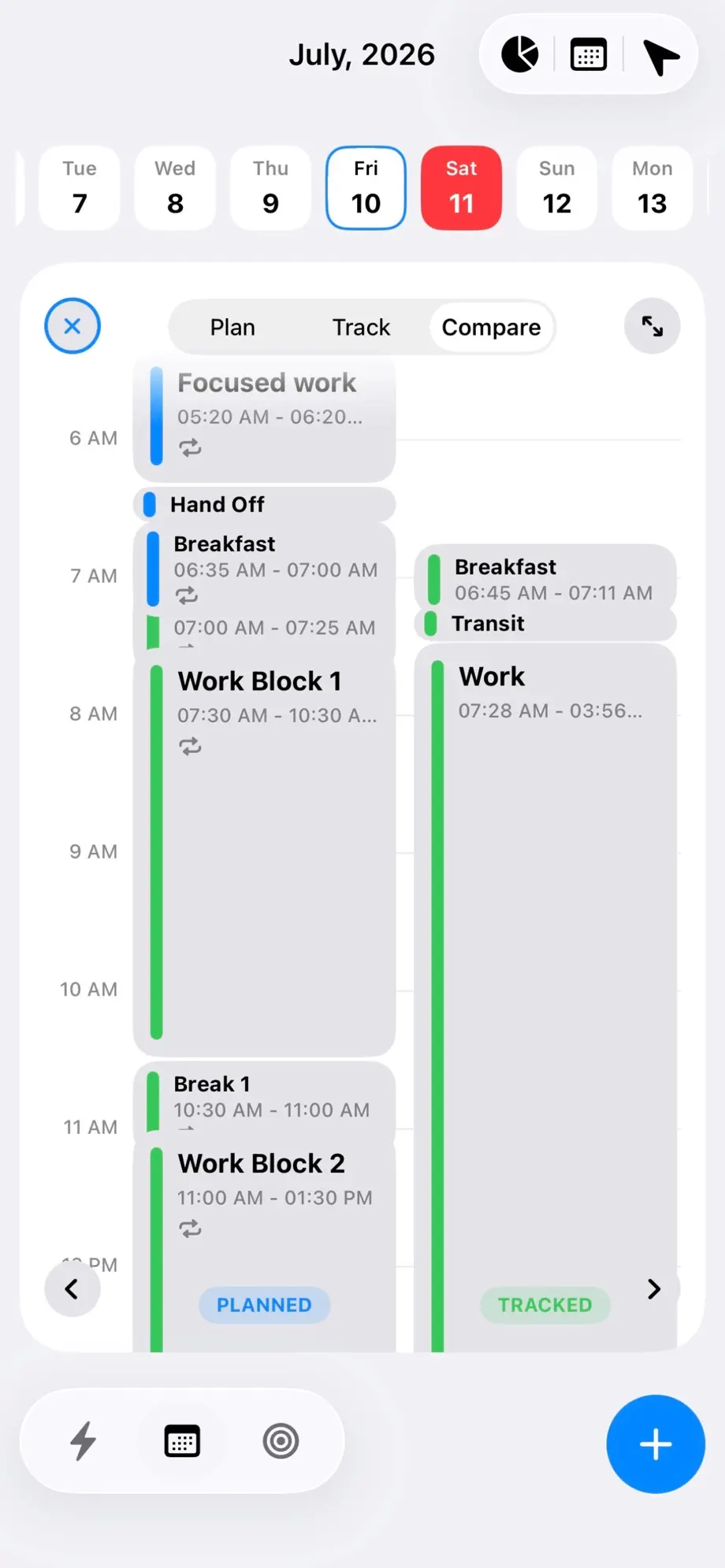 Fezer day planner showing scheduled time blocks beside tracked time