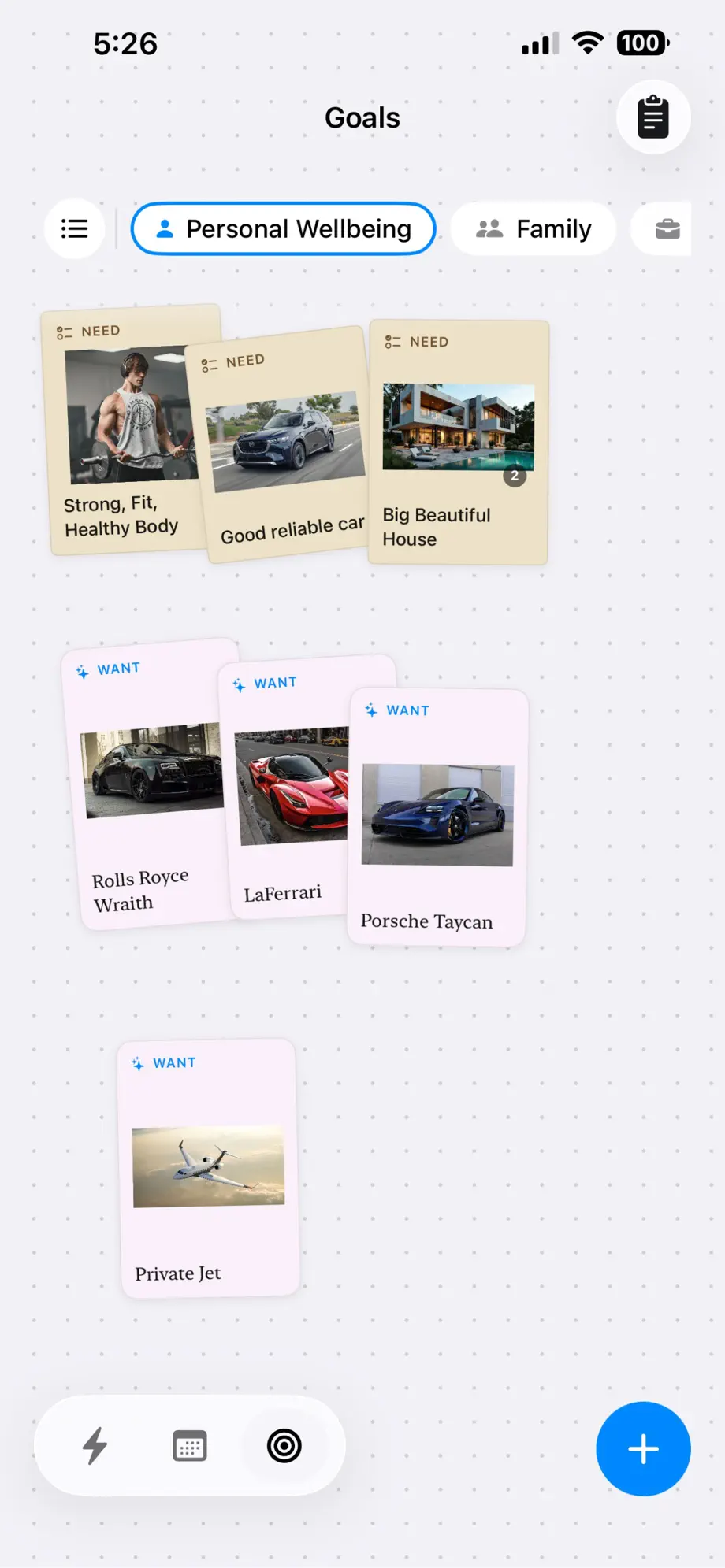 Fezer vision board with Want and Need pins for personal goals